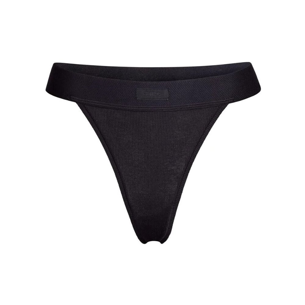 Skims Women Soot Cotton Blend High-Cut Wide Waistband Rib Thong Panty Sz X-Small